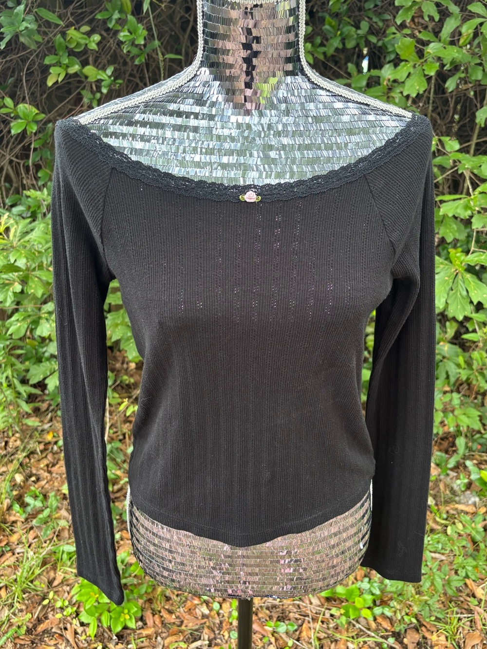Black Lace-Trim Off the Shoulder Long Sleeve Top